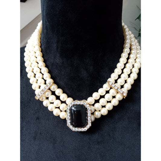 Faux Pearl Multi Strand Statement Necklace Black Onyx Rhinestone Vintage Glam
