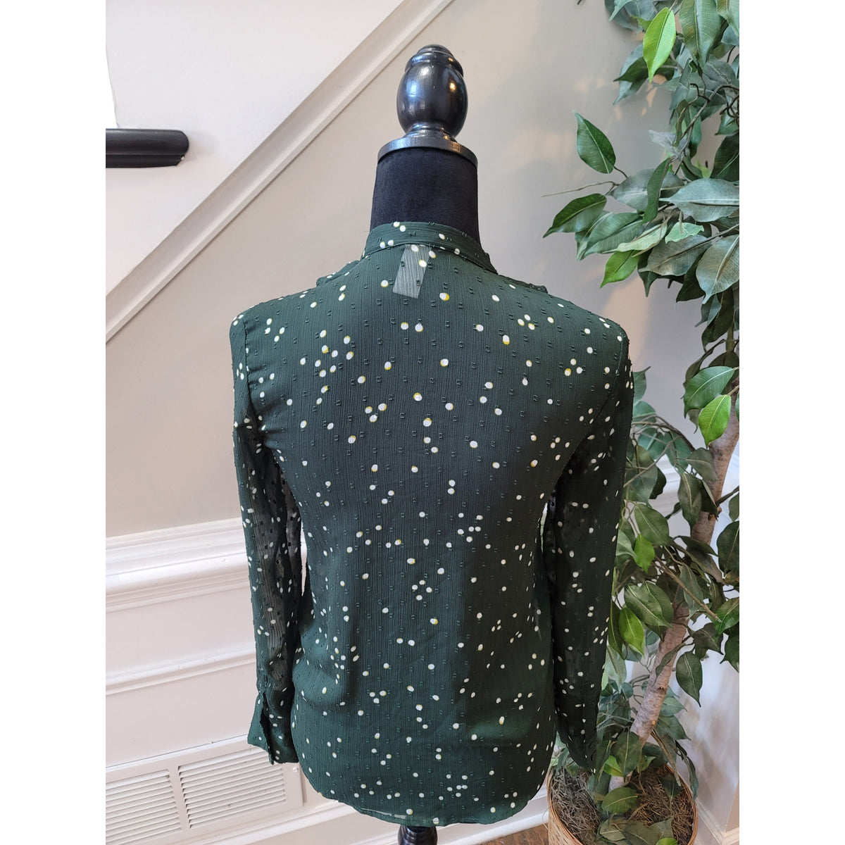 H&M Blouse Green Polka Dot Sheer Ruffle Band Collar Long Sleeve Small Button-Up