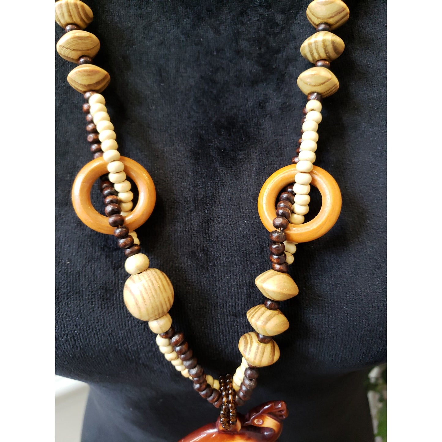 Women's Vintage Wood Bead Necklace Hand Carved Bird Pendant Tribal Boho