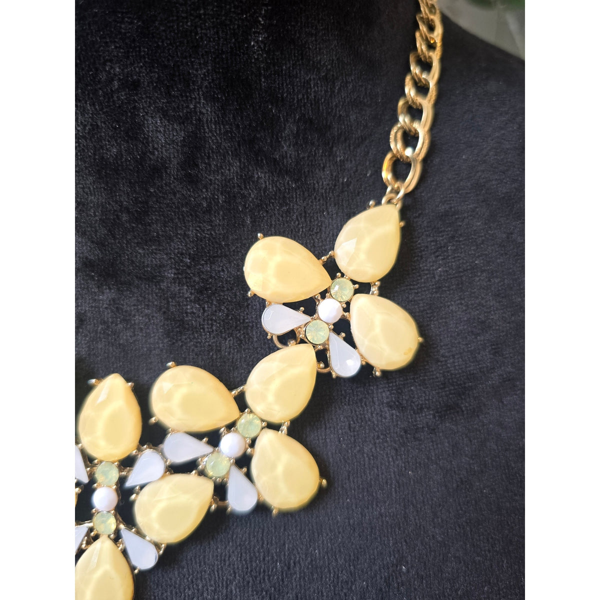 Gold Tone Yellow Teardrop Rhinestone Bib Statement Necklace