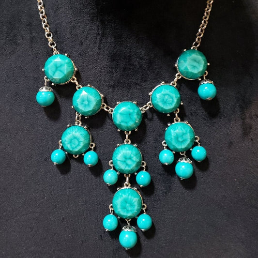 Women's Fashion Boho Turquoise Stone Bib Necklace Silver Tone Circle Link Chain