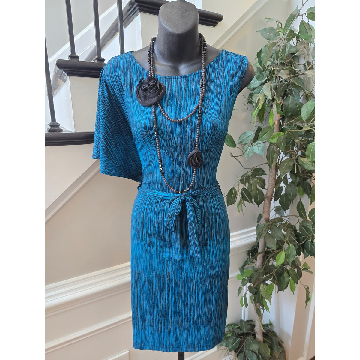 Worthington Stretch Dress Womens Small Blue/Black Space-Dye Waist-Tie One Sleeve