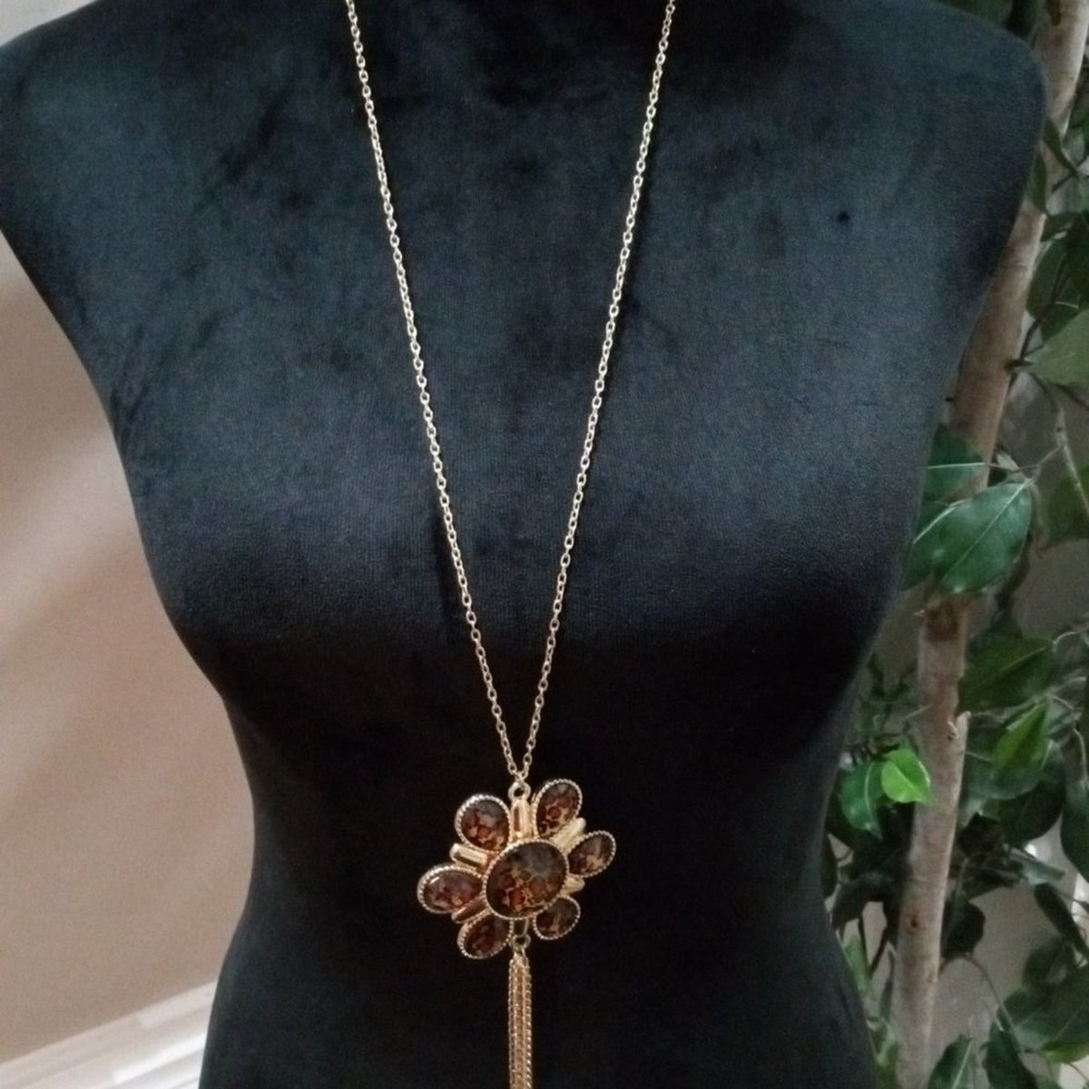 Womens Fashion Chunky Leopard Print Art Floral Tassel Pendant Long Necklace