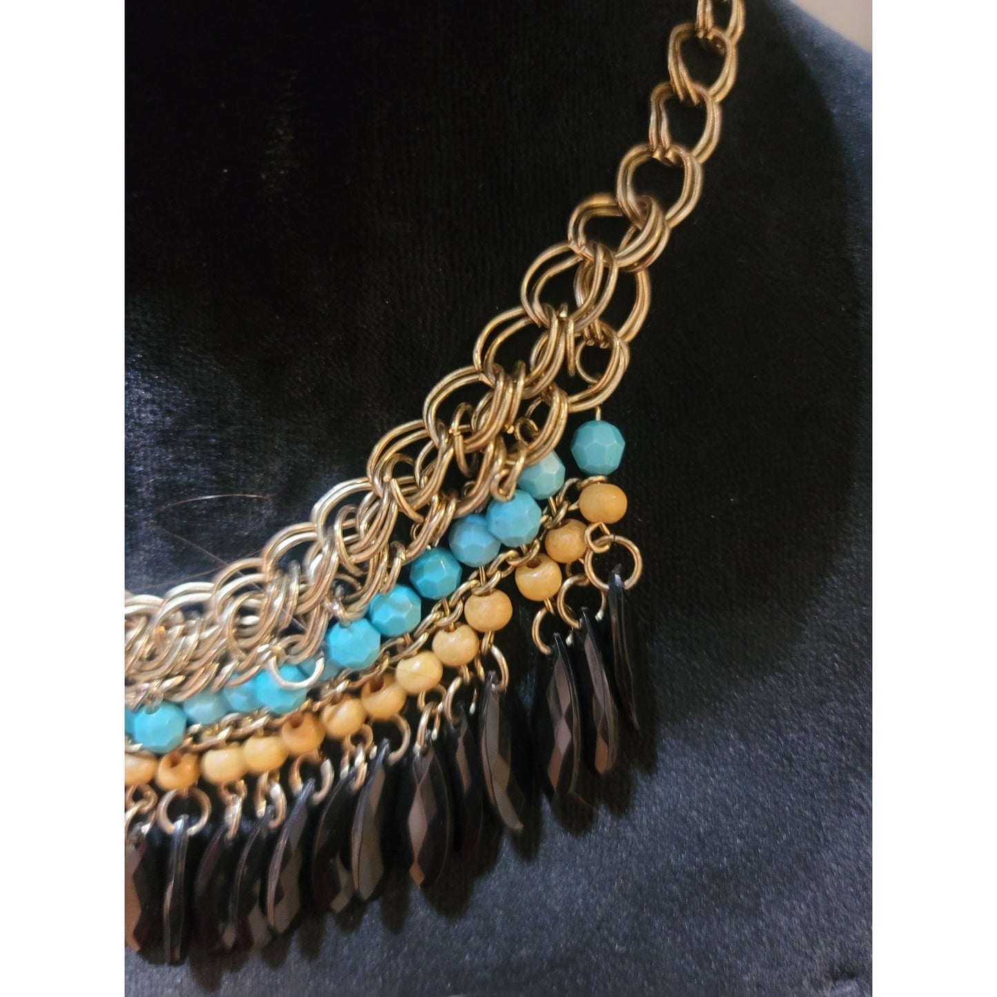 Women Statement Necklace With Turquoise Beads Black Drops And Lobster Clasp Lock