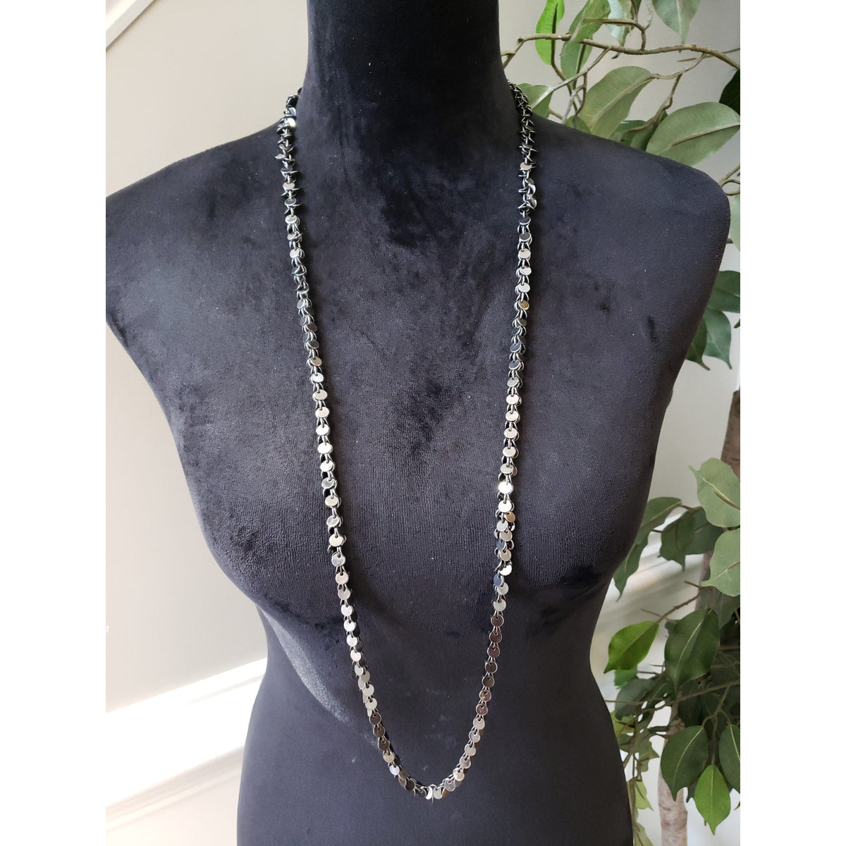 Womens Fashion Silver Tone Small Discs Link Chain Long Necklace w/ Lobster Clasp