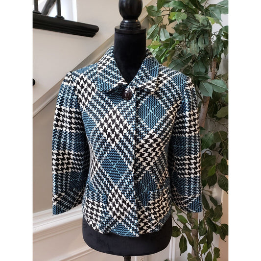 Dressbarn Womens Blue White Plaid Acrylic Lined One Button Jacket Size Small