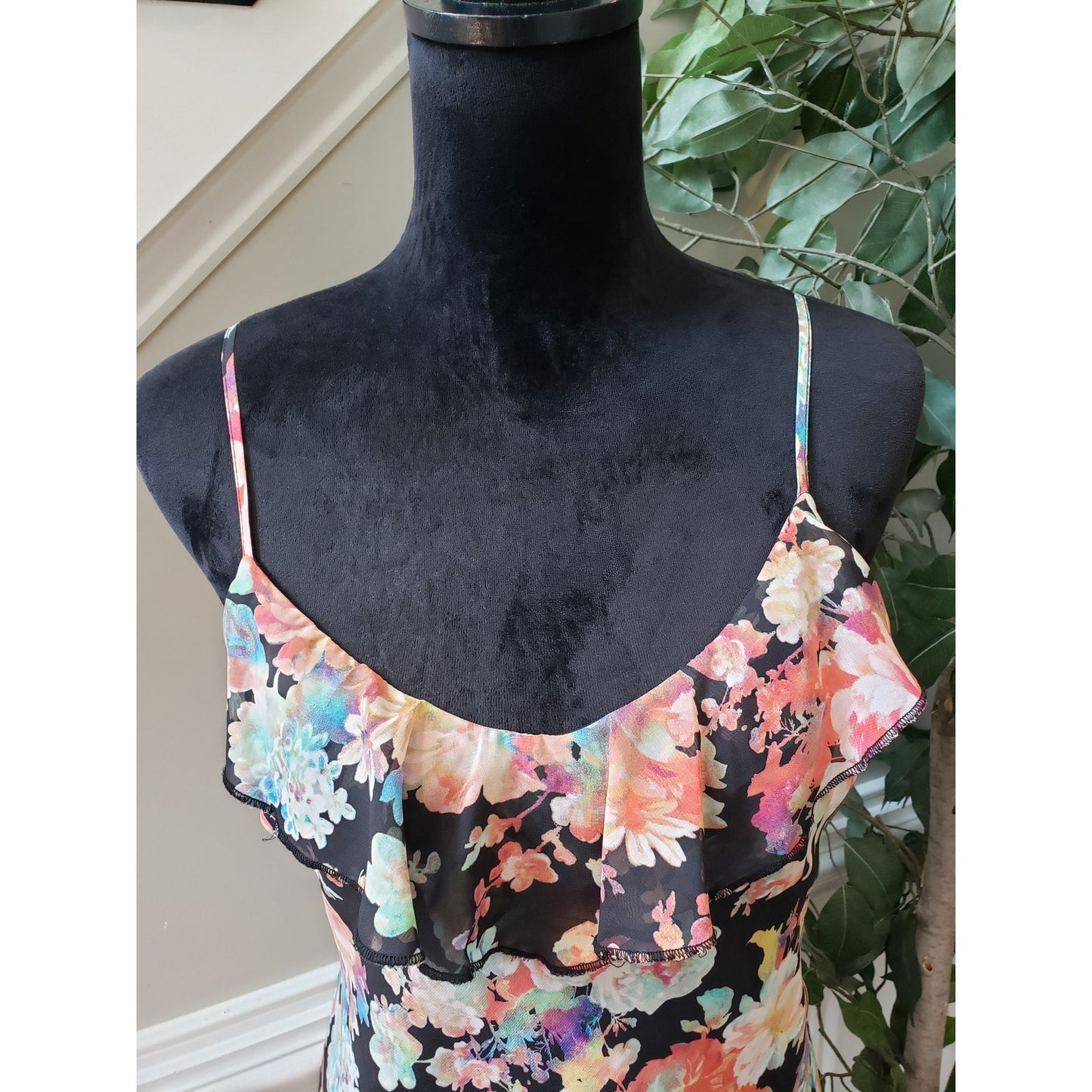Mimi Chica Sheer Dress Womens Medium Black Floral Lined Ruffle Spaghetti Strap
