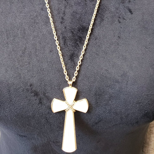 Avon Womens Gold Tone White Juliet Cross Necklace Jewelry with Spring Ring Clasp