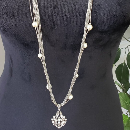 Womens Silver Tone Multi Layered Chains Dainty Faux Pearl Necklace with Lobster
