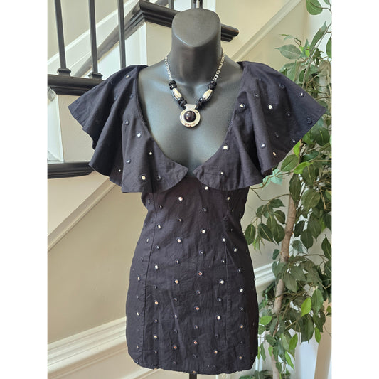 Lovers+Friends Eyelet Mirror Dress Women SZ XXS Black Ruffle V-Neck Cap sleeves