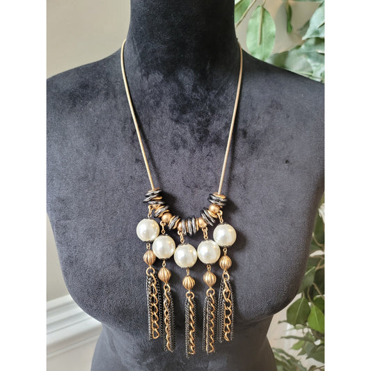 Chico's Women's Statement Necklace Gold Tone Pearl Beads Tassel Lobster Clasp