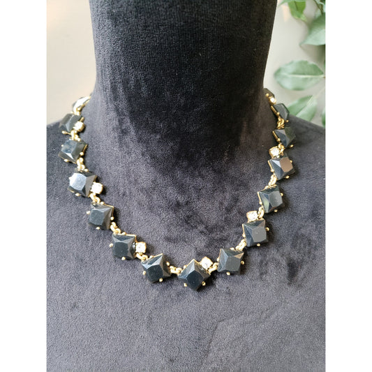 Women's Black Square Statement Necklace Gold Chain Lobster Clasp Elegant Chic