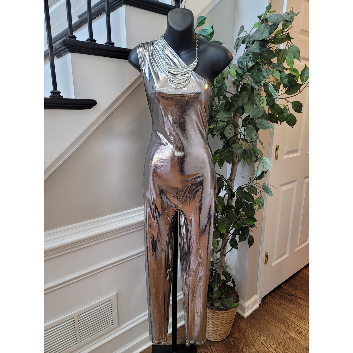 Fashion Nova One Shoulder Jumpsuit Women Large Metallic Silver Club Party Outfit