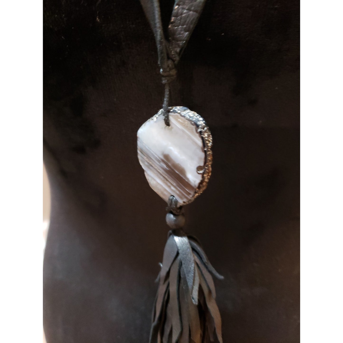 Womens 2 Strand Cord White Agate Stone Leather Tassel Charm Pendant Necklace