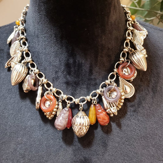 Womens Fashion Multicolor Banded Agate Stone Charm Necklace with Lobster Clasp