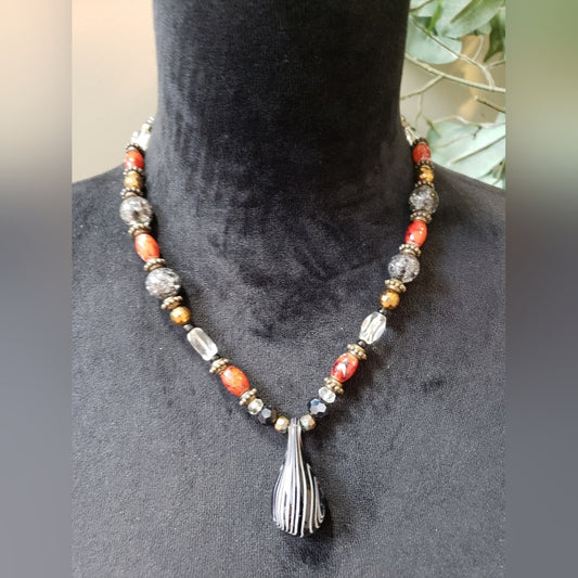 Womens Fashion Boho Silk Stone Onyx Gemstone & Pearl Necklace with Lobster Clasp