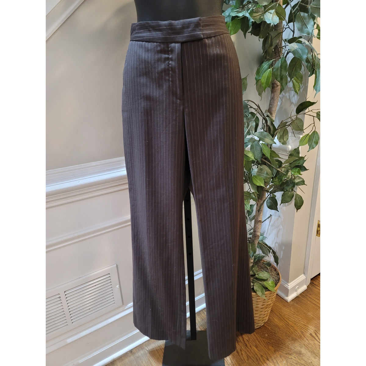 Anne Klein Pant Suit Women SZ 6 Brown Pinstripe Single Button Blazer Welt Pocket