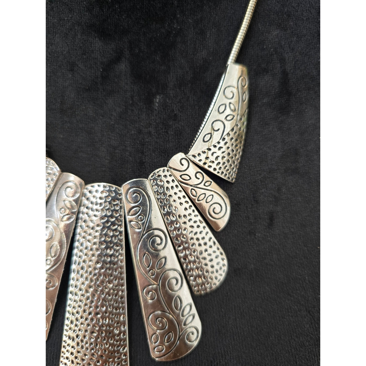Silver Scroll Tone Textured Fan Bib Statement Necklace