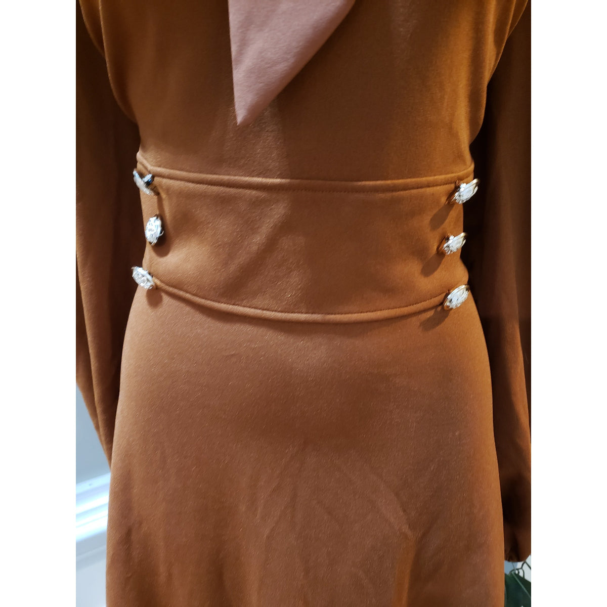 SHEIN Dress Women's XL Brown Empire Waist Double Button Detail Lantern Tie Neck