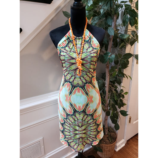 Emma & Michele Bodycon Dress Women's Medium Multi Geometric Lined Halter Neck