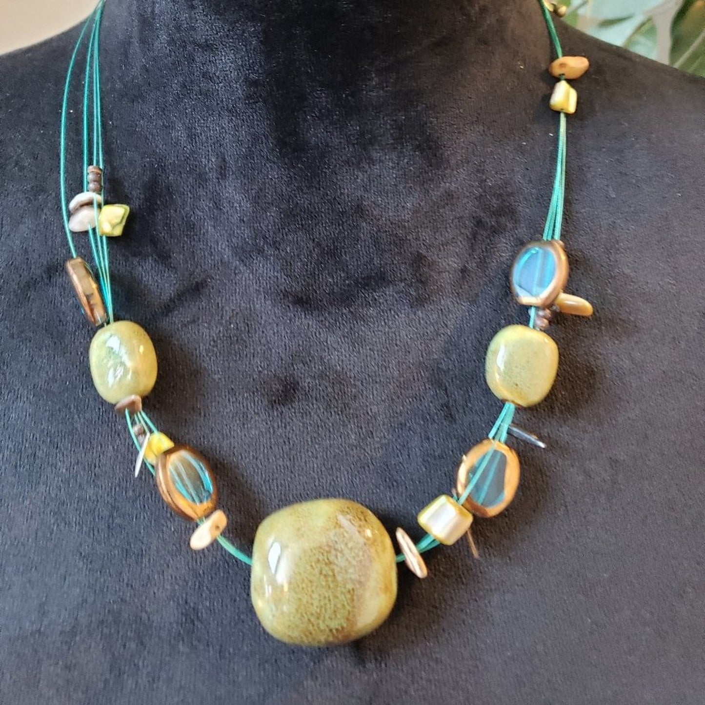 Womens Blue Green Ceramic Glass Wood Shell Collar Necklace with Lobster Clasp