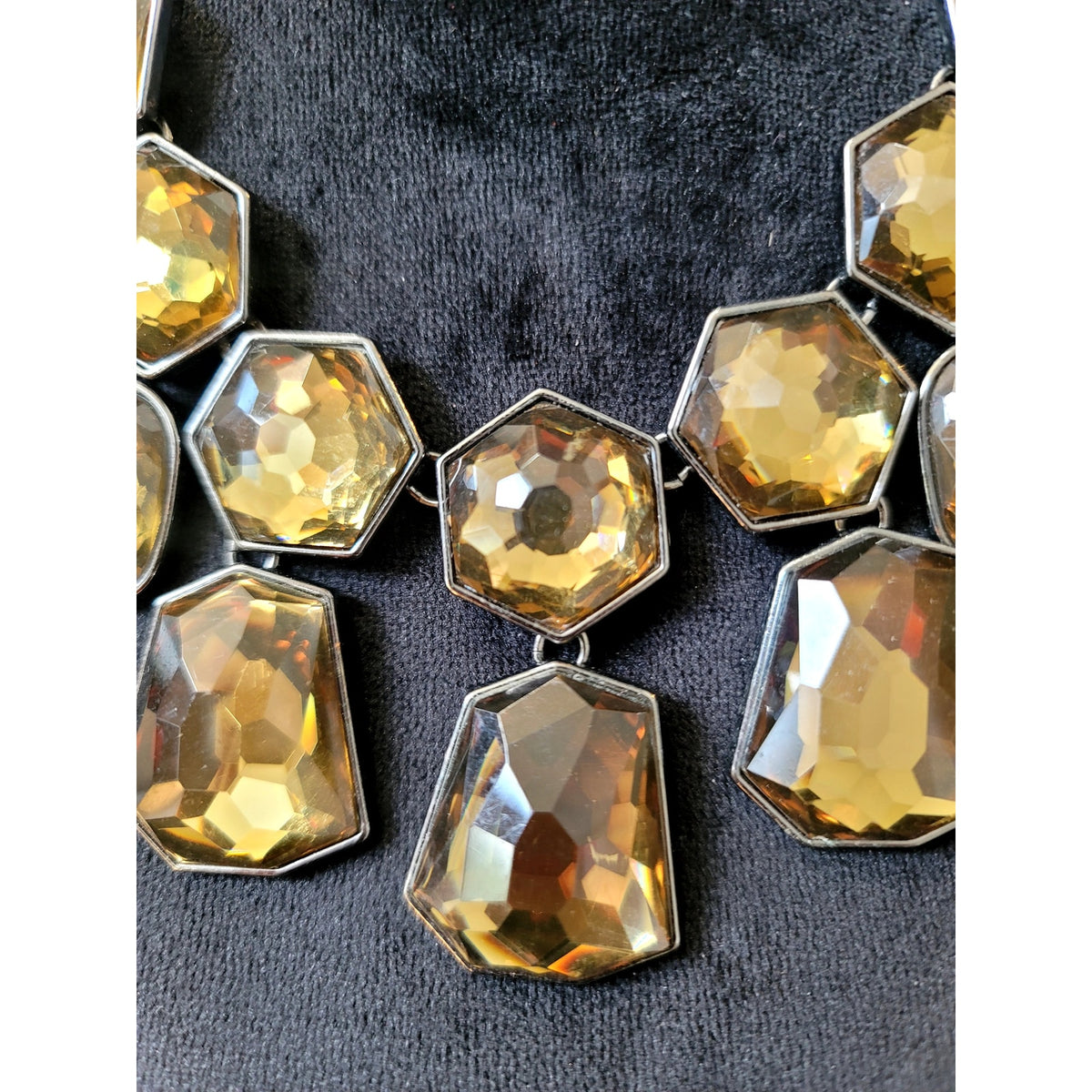 Smoky Topaz Faceted Crystal Bib Necklace Gunmetal Statement Cocktail Jewelry