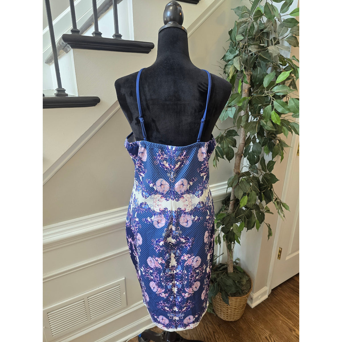 Venus Sheath Dress Women's Large Blue/Pink Floral Cross-Front Spaghetti Straps
