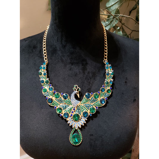 Women Embellished Multicolor Encrusted Rhinestone Peacock Bib Statement Necklace