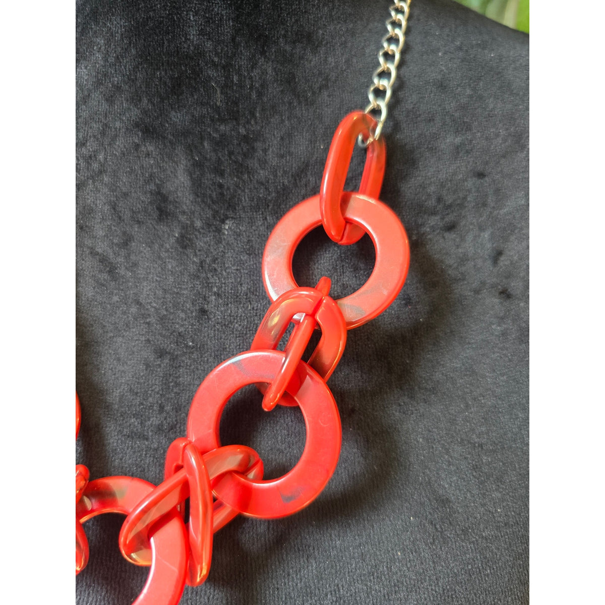 Red Orange Chunky Acrylic Link Chain Statement Necklace Silver Tone Fashion