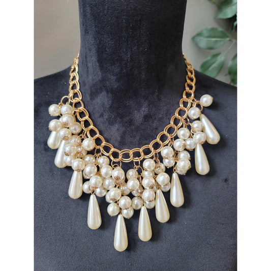 Women's Faux Pearl Chandelier Necklace Gold Link Chain Vintage Teardrop Pendant