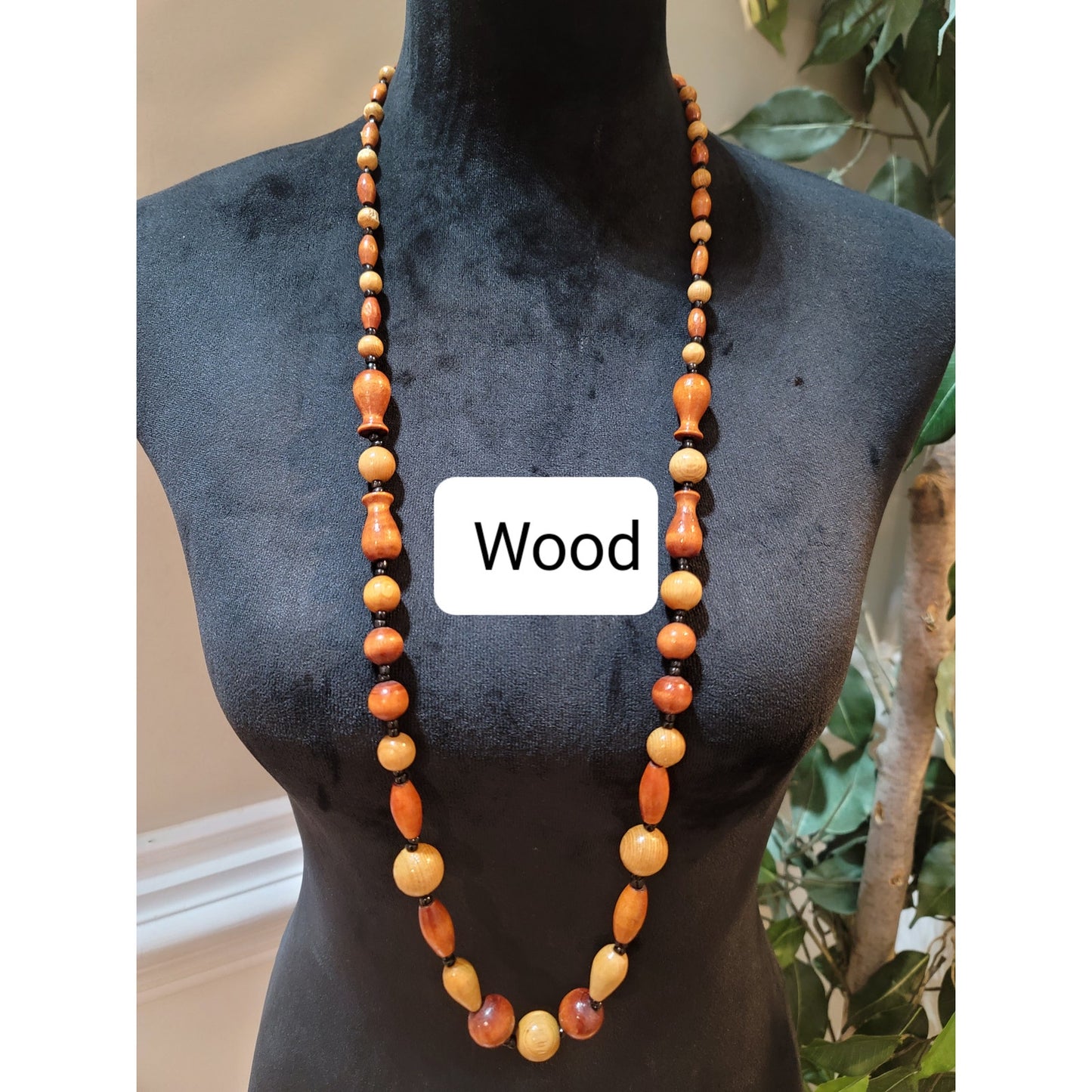 Women's Handmade Wood Beaded Necklace Natural Brown Round Long Jewelry Gift