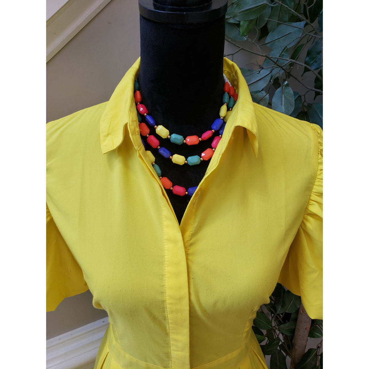 True Destiny A Line Shirt Dress Women's Large Yellow Puff Sleeve Button Down