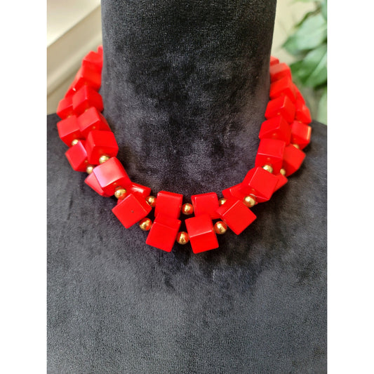 Red Geometric Lucite Statement Necklace Chunky Bib Collar Retro Fashion Jewelry