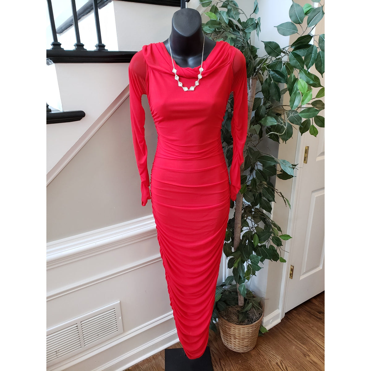 Fashion Nova Slinky Ruched Maxi Dress Womens S Red Cowl Neck Sheer Sleeve Lined