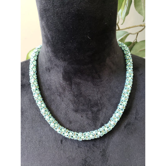 Women Fashion Turquoise Blue Woven Beaded Rope Collar Necklace with Barrel Clasp