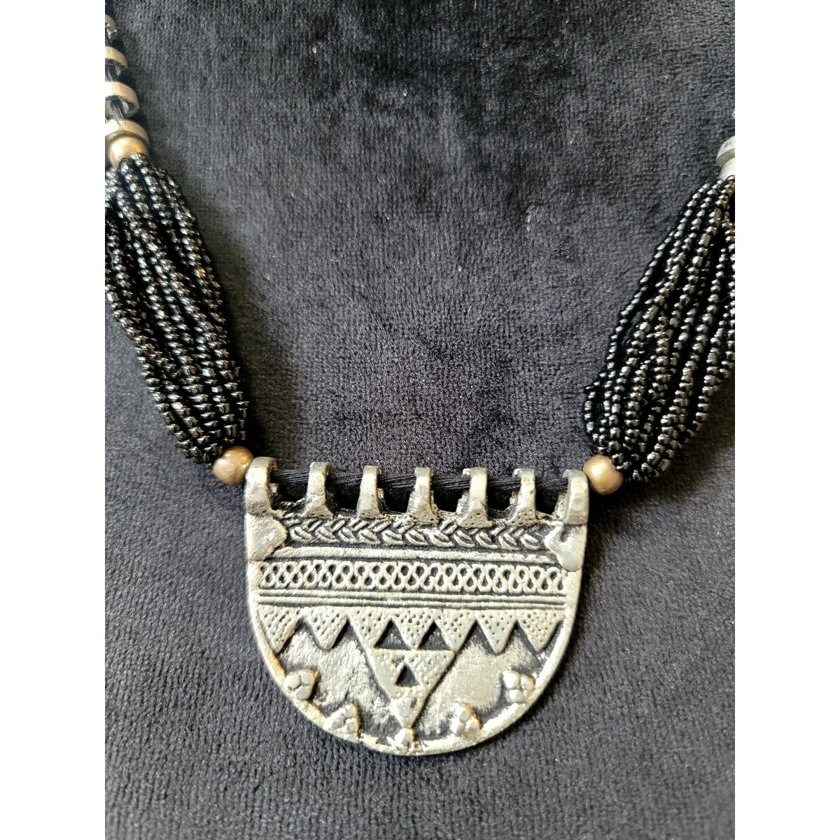 Black Multi Strand Beaded Necklace Silver Tone Tribal Medallion Statement