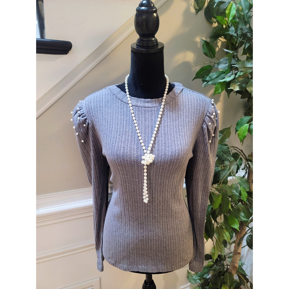 Design History Pullover Sweater Women's Large Gray Pearl Puff Shoulder Crew Neck