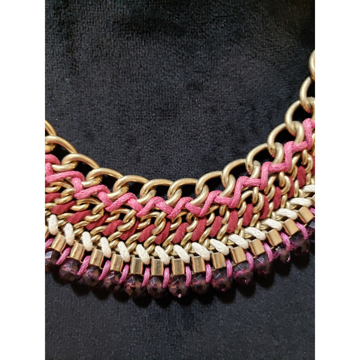 Womens Fashion Gold Tone Threads & Metal Chain Woven Braided Statement Necklace