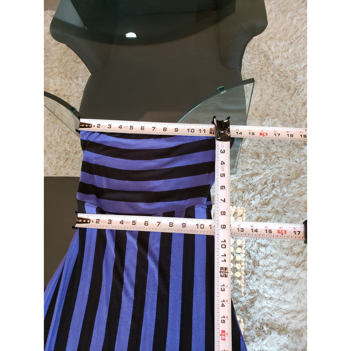 Women's Long Maxi Dress XS Black & Blue Stripped Tube Stretch Off The Shoulder