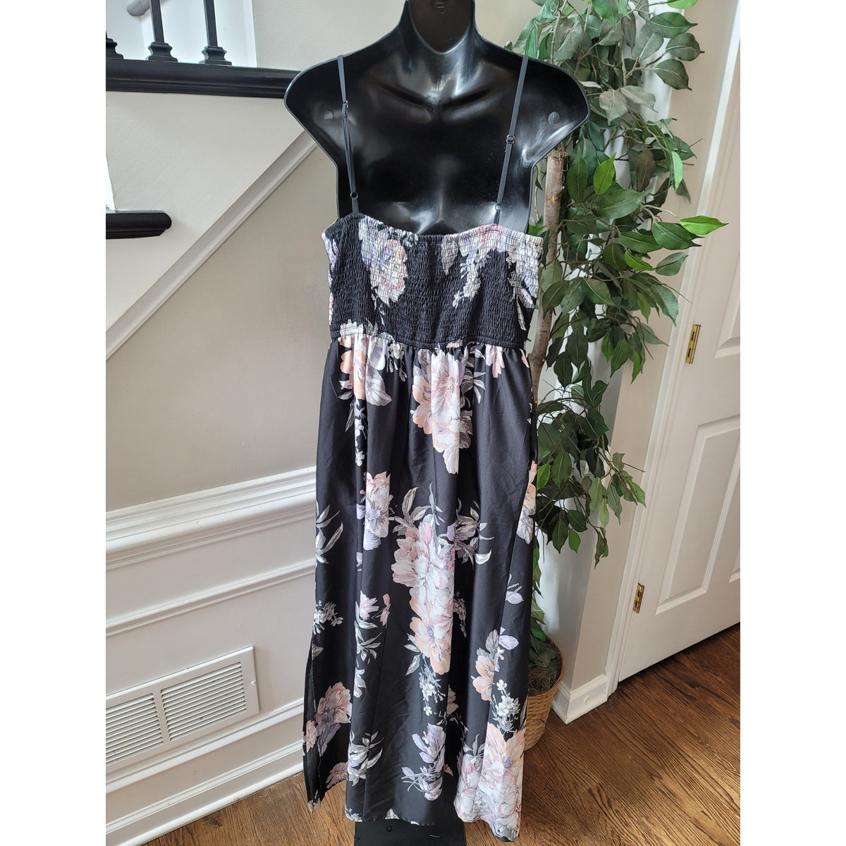 Band of Gypsies Maxi Dress Women's Large Black Floral Bustier Bodice Strappy
