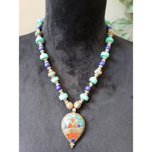 Women's Handmade Tibetan Pendant Necklace Turquoise Coral Beads Boho Style