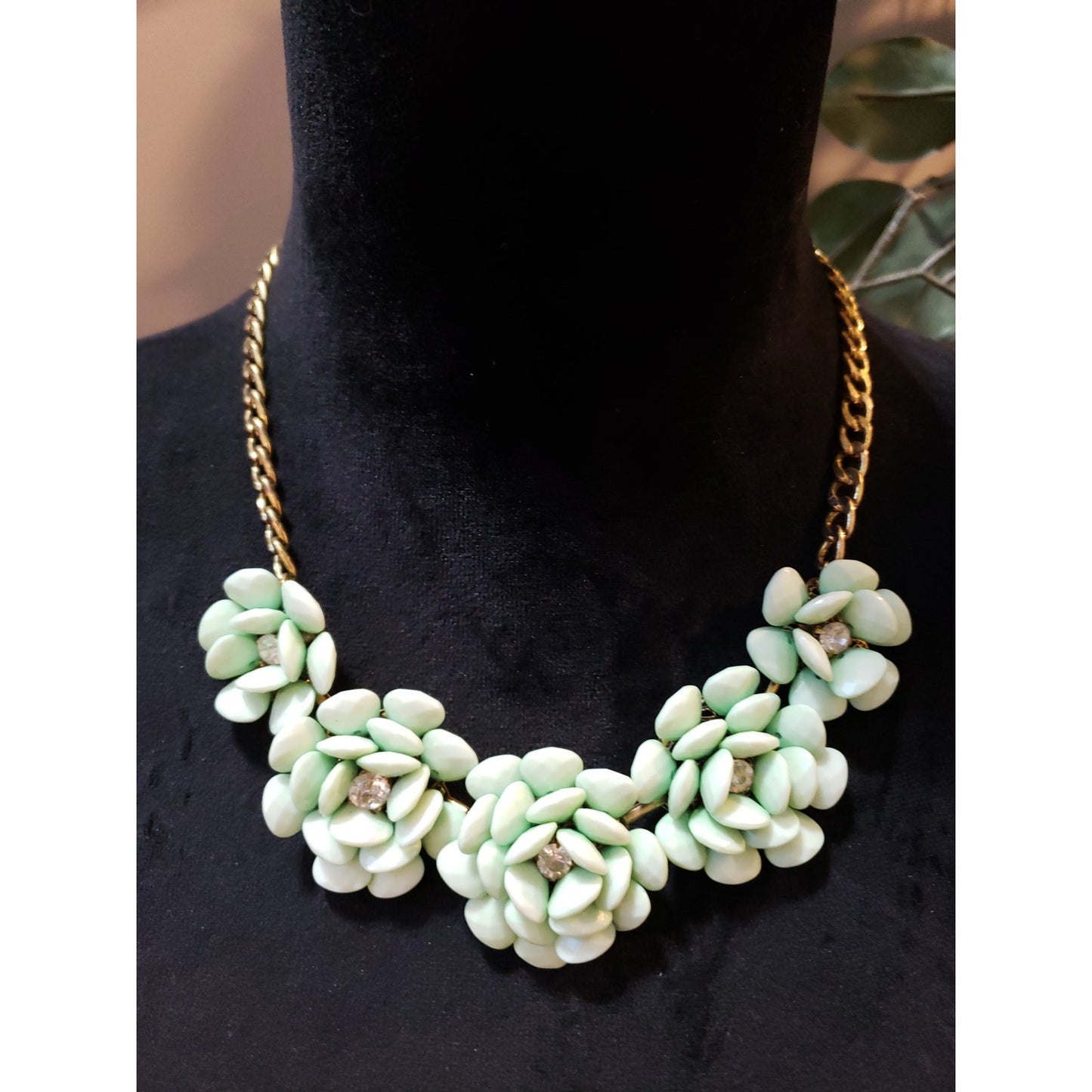 Women's Mint Green Floral Statement Necklace Gold Chain Crystal Accent