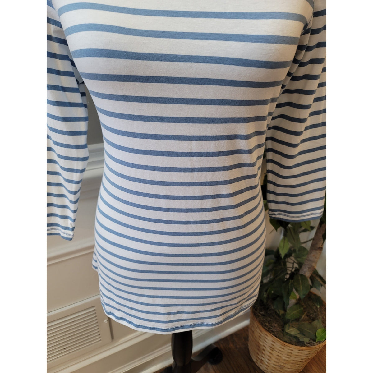 J. Jill Tunic Blouse MP White Blue Cotton Stretch Striped Scoop Neck 3/4 Sleeve