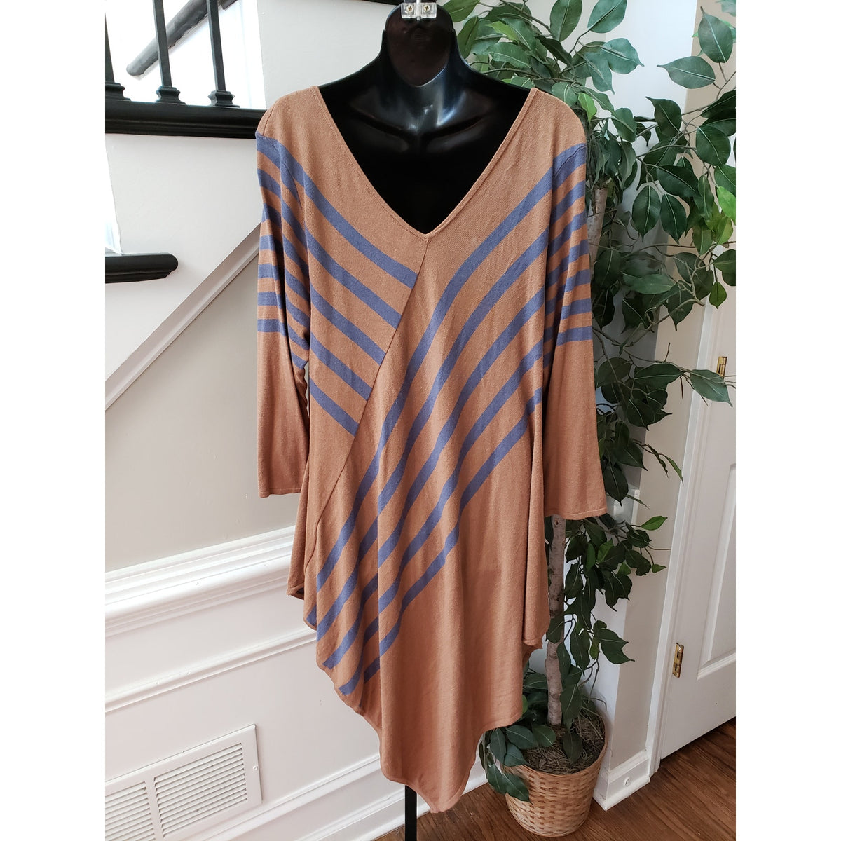 NY Collection Jersey Dress Women's XL Brown Striped Long Sleeve Handkerchief Hem