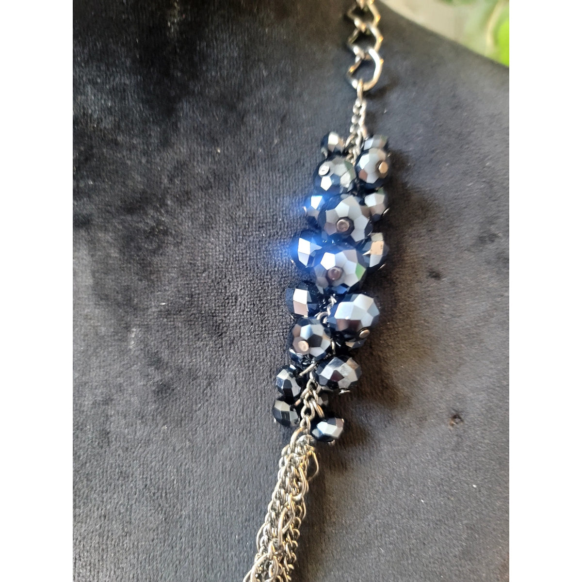 Gunmetal Layered Chain Necklace with Navy Blue Faceted Bead Clusters Statement