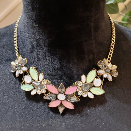 Trendy Womens Crystal Flower Necklace Bib Choker Chunky Statement Chain Jewelry