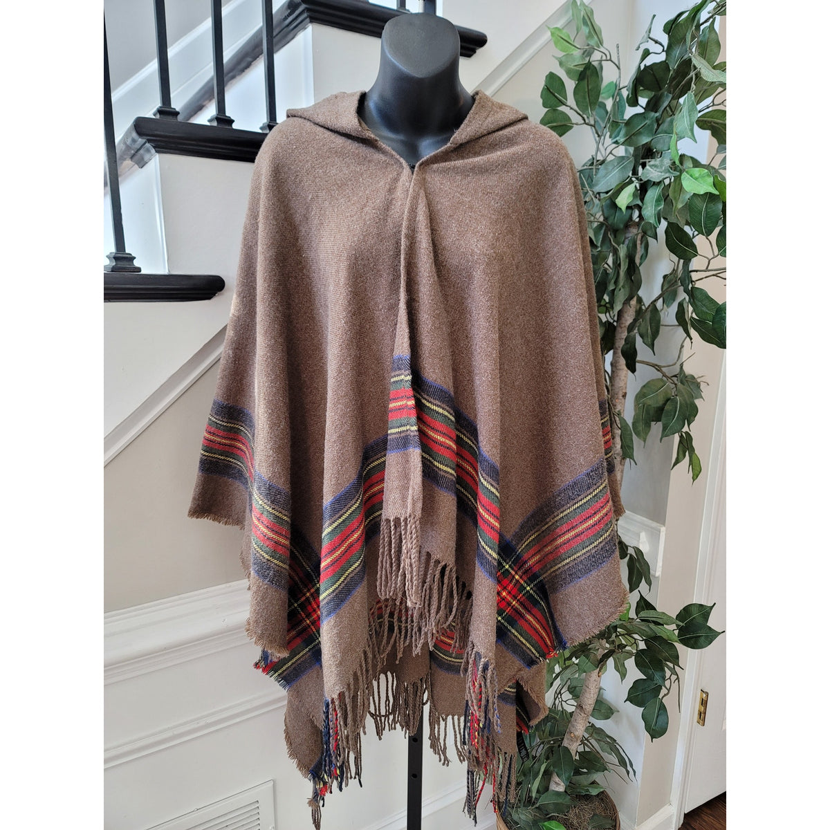 Do Everything in Love Poncho Cape Women's One Size Brown Tartan Plaid Fringe