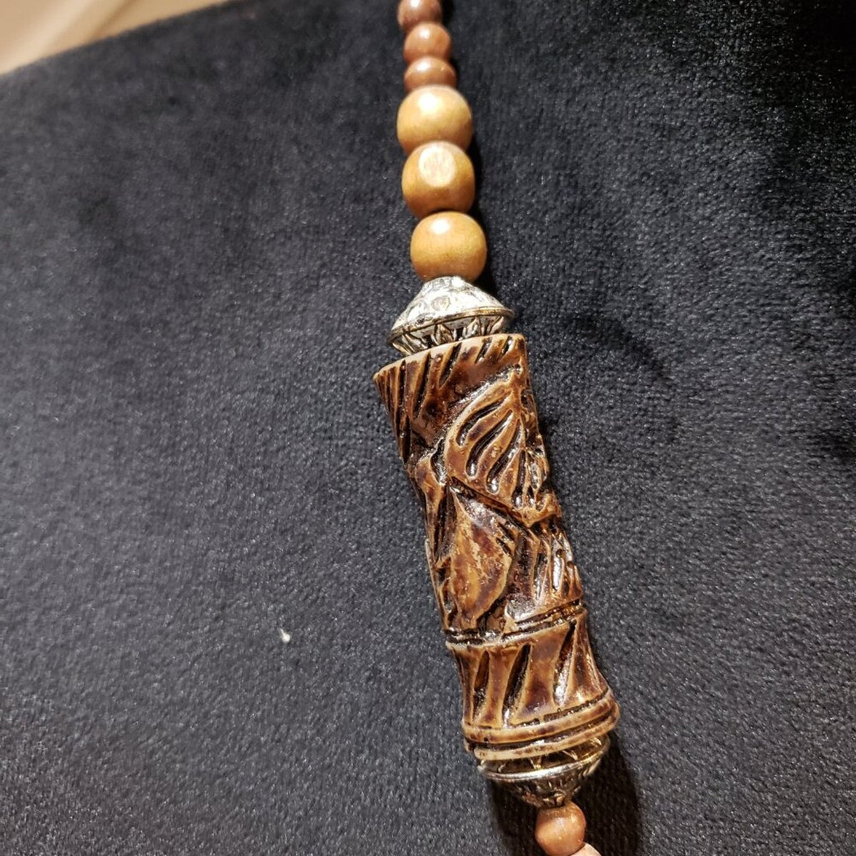 Womens Fashion Brown Wood Tibetan Agate Bead Pendant Necklace with Lobster Clasp