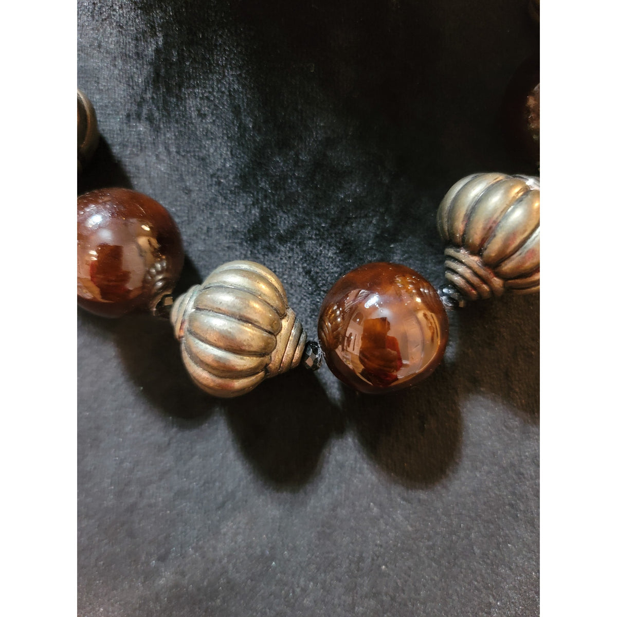 Women's Chunky Brown Beaded Necklace With Antique Silver Accents And Chain Lock