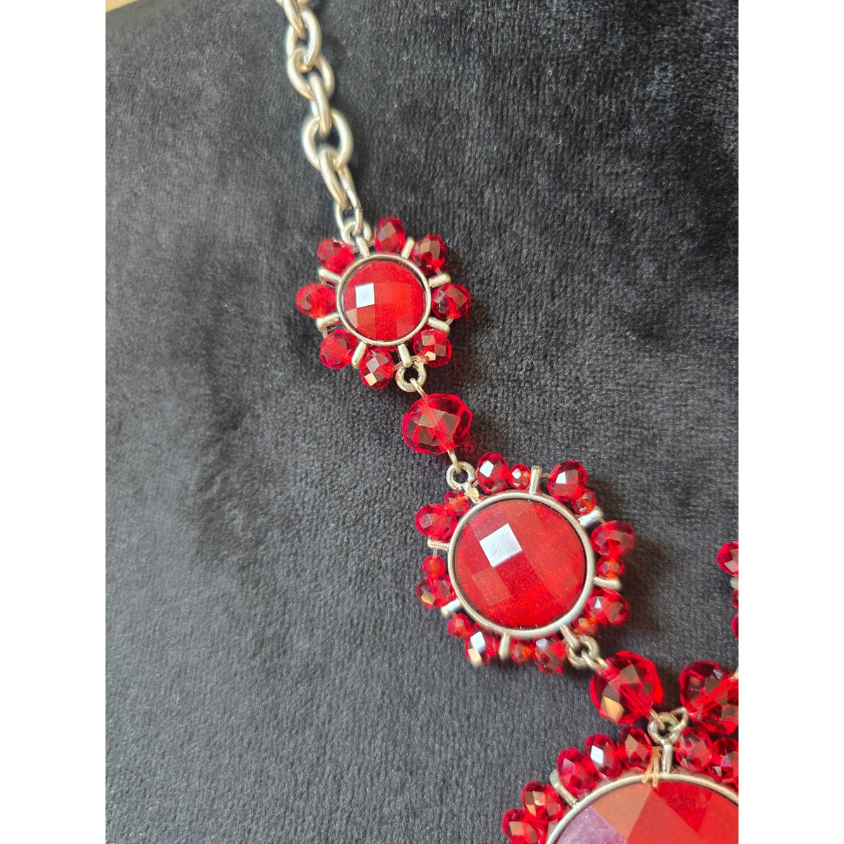 Silver Tone Red Rhinestone Bib Statement Necklace